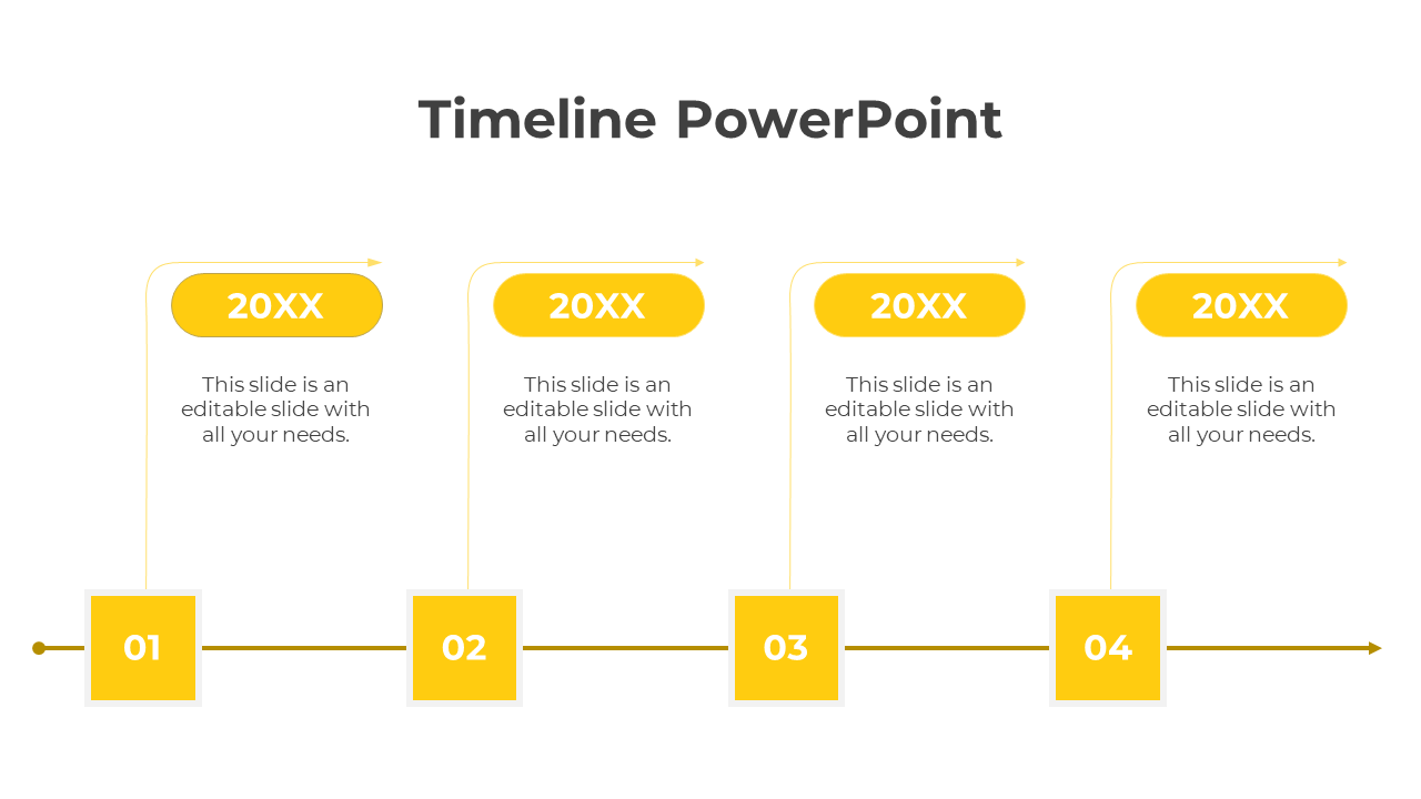 Minimalist timeline with four yellow highlighted steps, numbered 01 to 04, connected by a horizontal line.