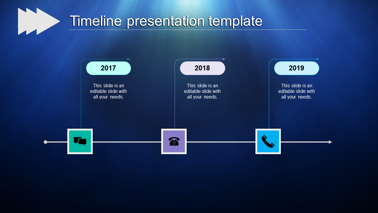 Best timeline PPT slide with milestones for 2017 to 2019, each represented by a colored square with icons on a blue backdrop.
