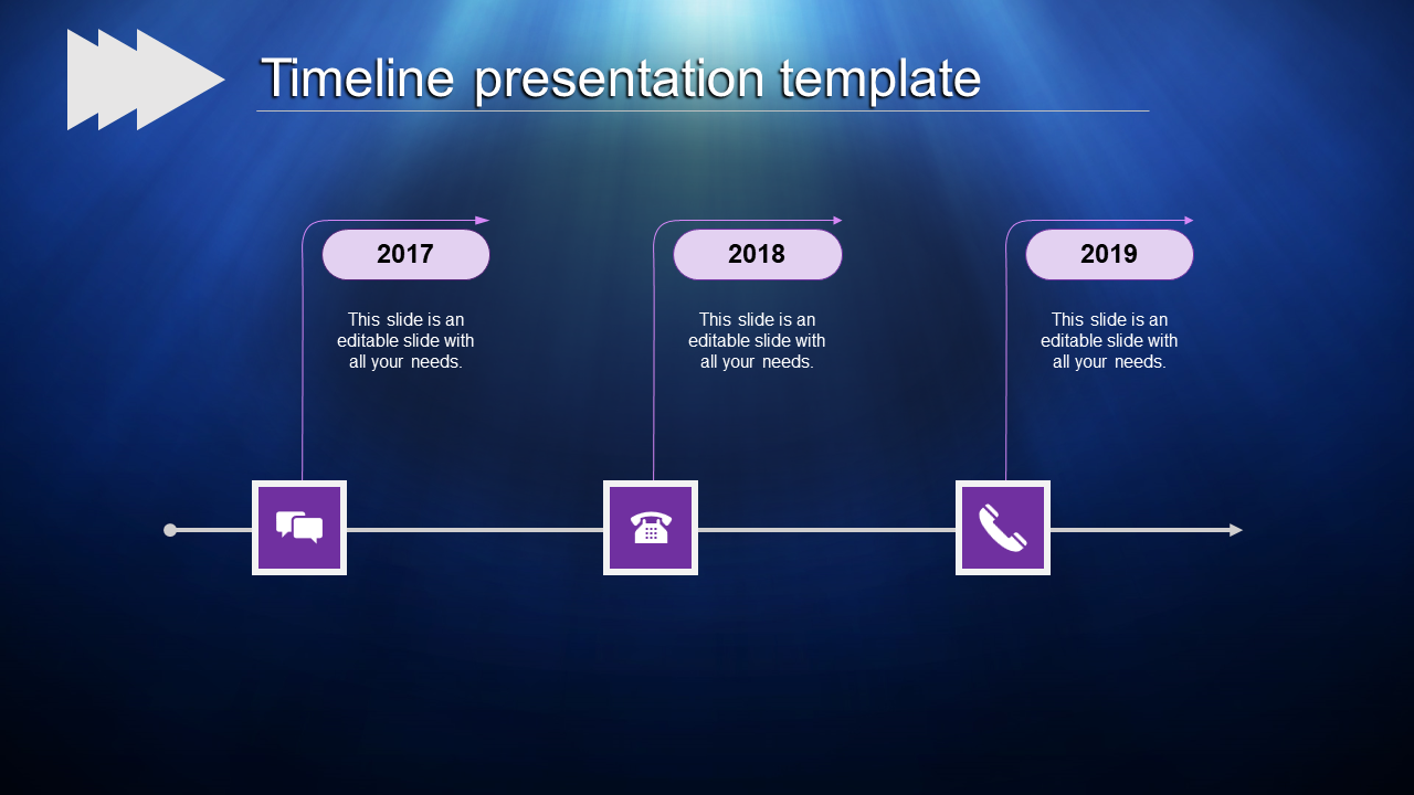 Best timeline PPT slide with purple milestone markers for 2017, 2018, and 2019, each with icons and placeholder text.