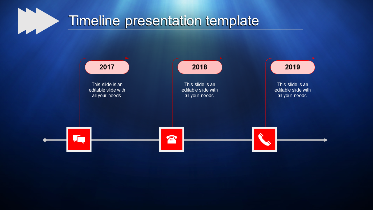 Timeline PPT slide with red milestone icons for 2017, 2018, and 2019, featuring communication related icons on a dark theme.