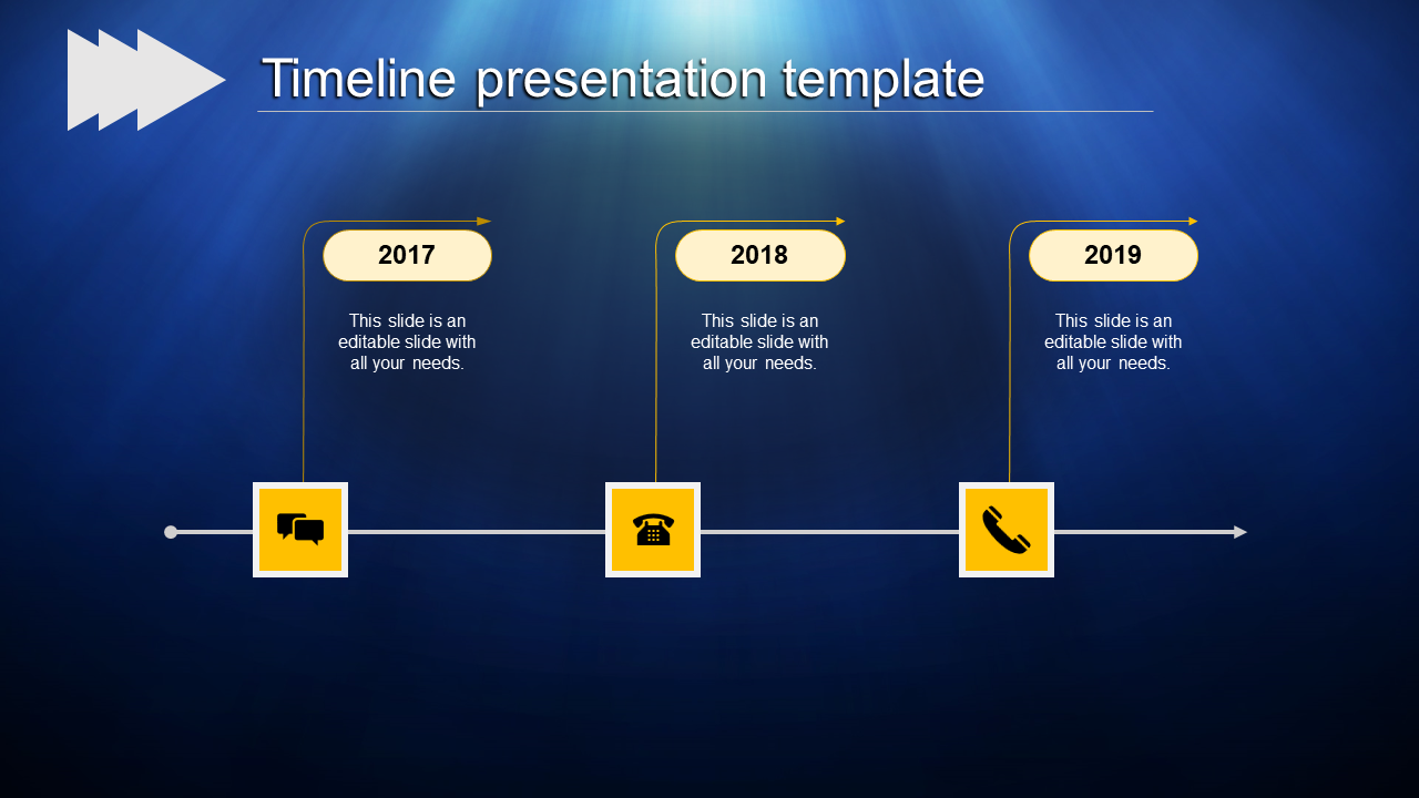 Dark blue timeline slide with three yellow markers, icons, and curved connectors for years 2017, 2018, and 2019.