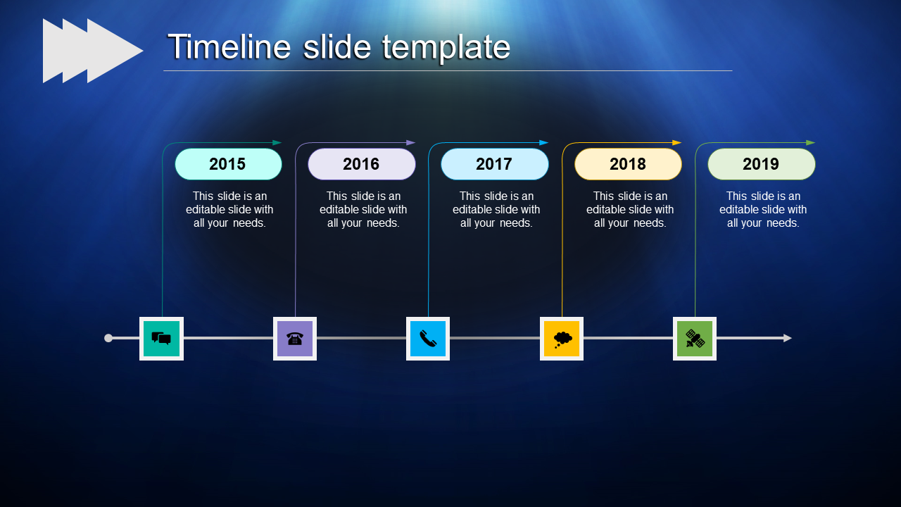 Gradient blue timeline with boxes labeled 2015 to 2019, each linked to icons with colored connectors.