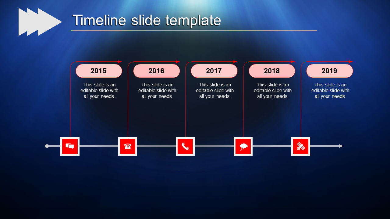 Five year timeline with red elements, featuring icons and descriptions connected by a horizontal line on a blue background.