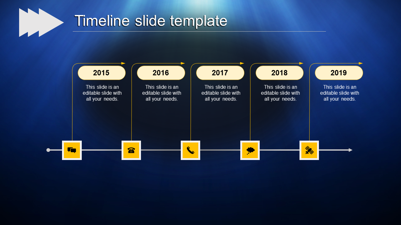 Horizontal timeline with yellow labels for years 2015 to 2019, featuring icons, and text boxes on a dark blue background.