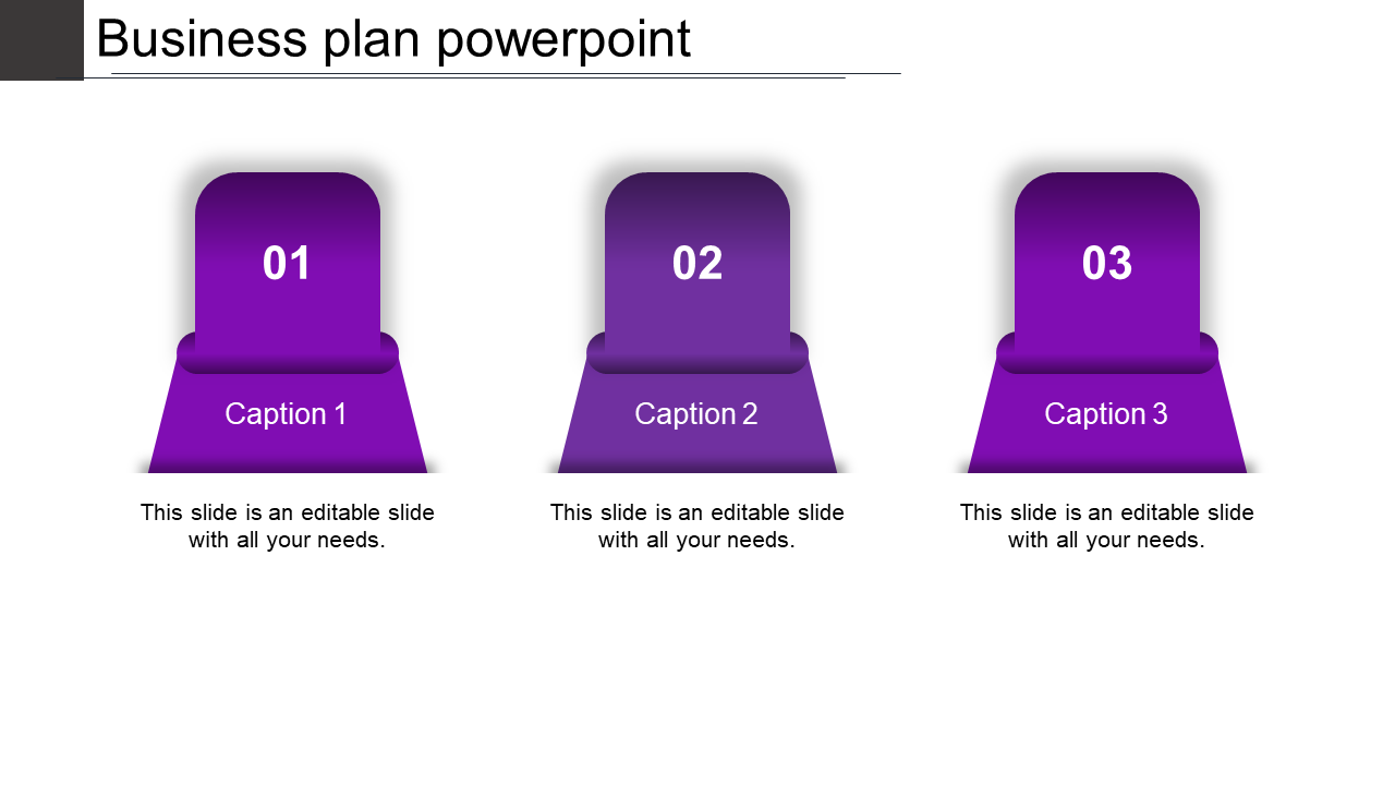 Horizontal purple diagram with rounded pillars numbered 01 to 03 for business plan captions in white backdrop.
