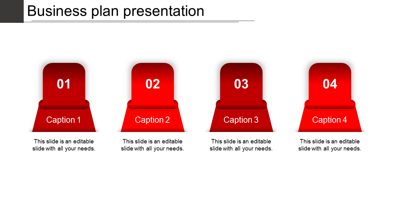 Four step red infographic with numbered labels and captions areas from 1 to 4 arranged horizontally.