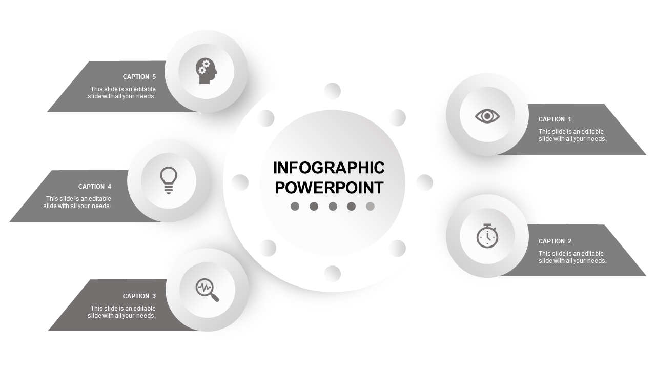 Modern circular infographic featuring six icons and blue caption boxes linked to a central circle with gradient dots.