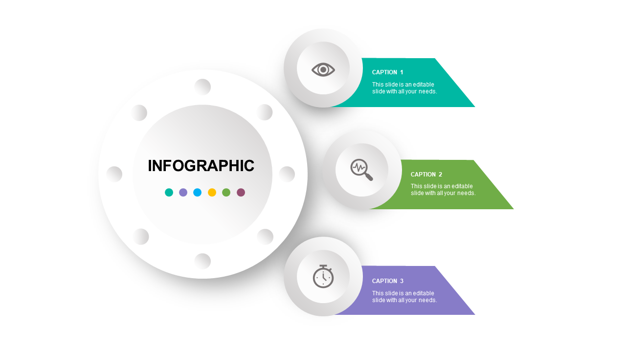 Infographic featuring a central circle with colored dots and three colorful captions in teal, green, and purple.