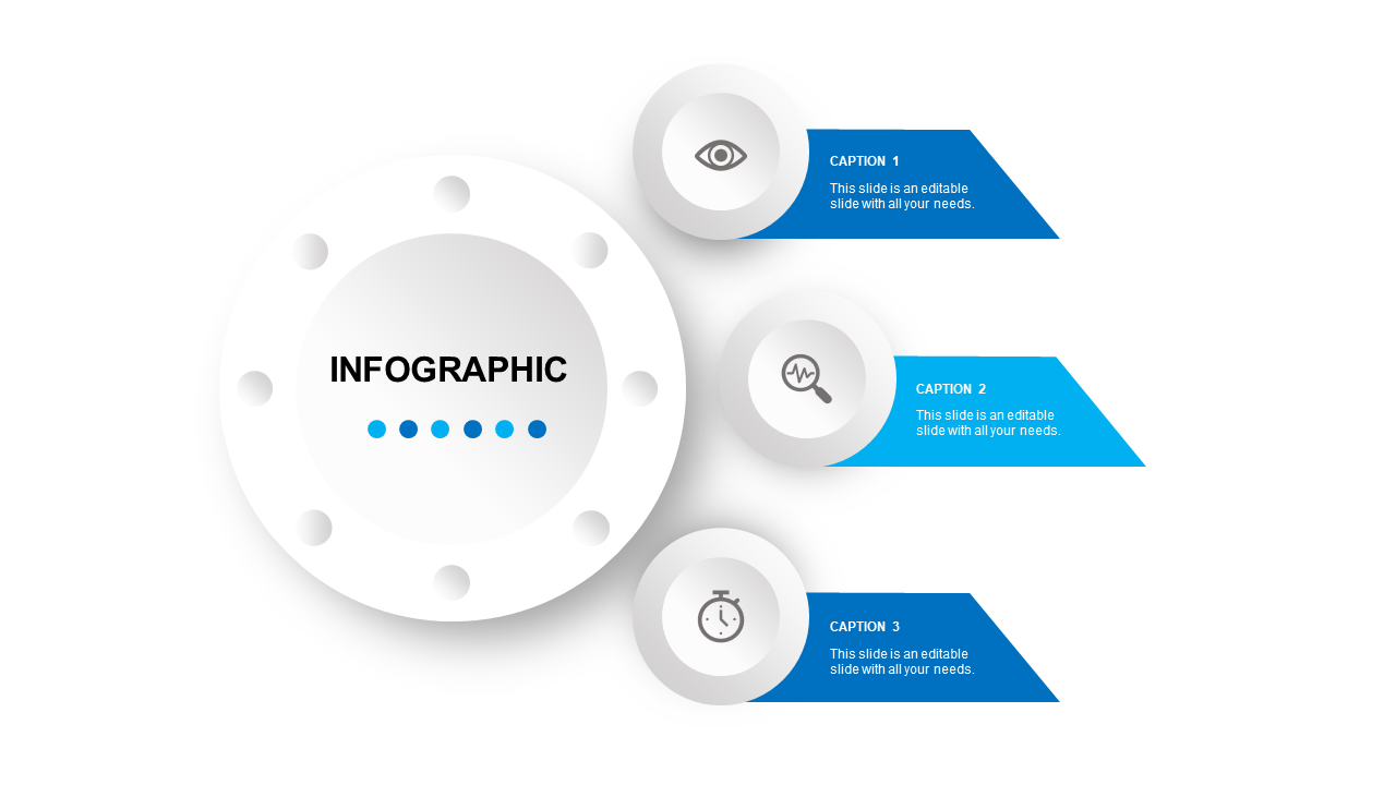 Modern blue toned infographic with a central circle and three surrounding icon filled circles in a balanced design.