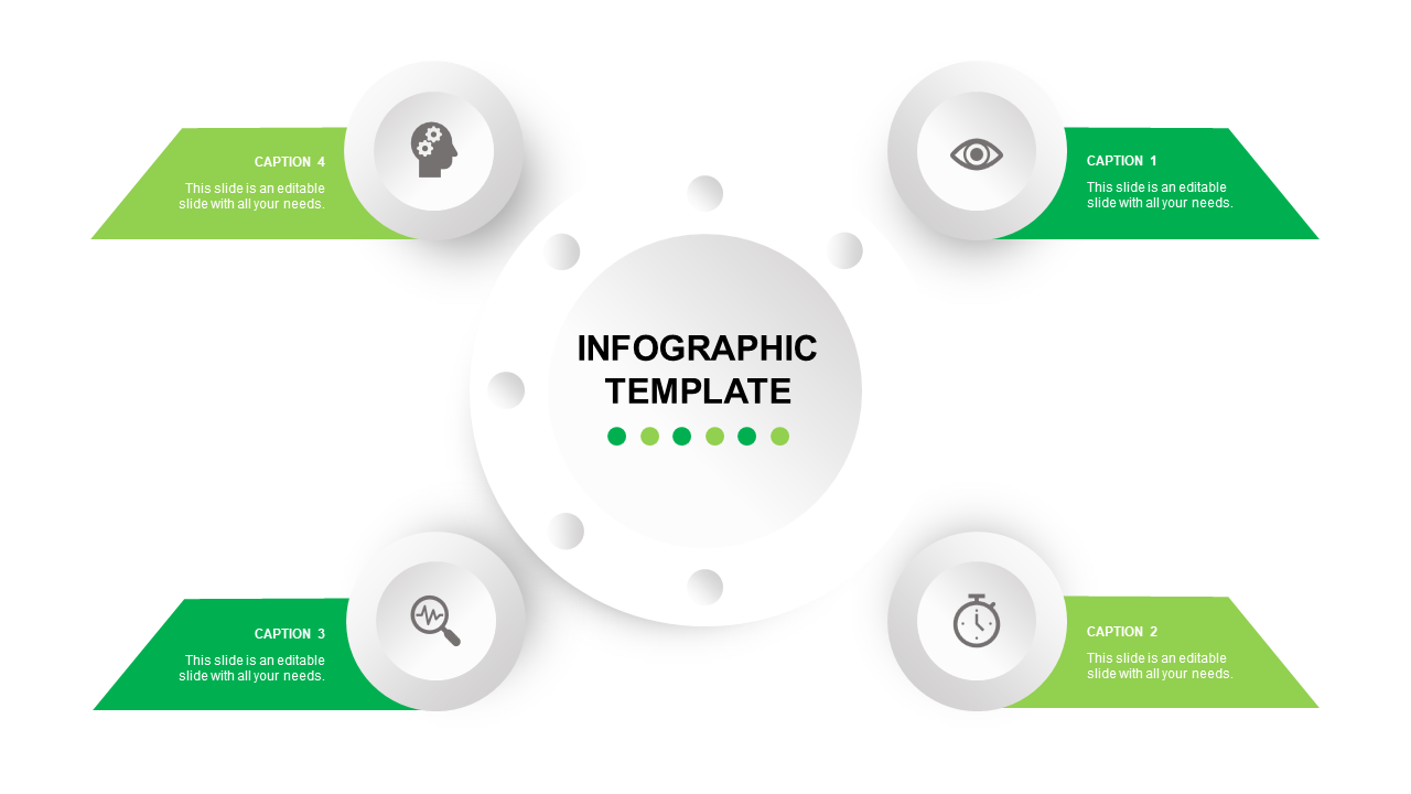 Green themed layout with a central circle and four triangular caption blocks, each containing an icon.