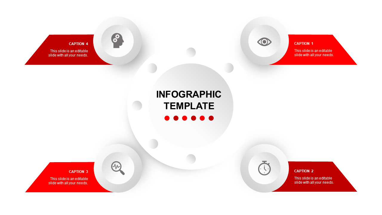 Modern circular infographic featuring six icons and gray caption boxes linked to a central circle with gradient dots.