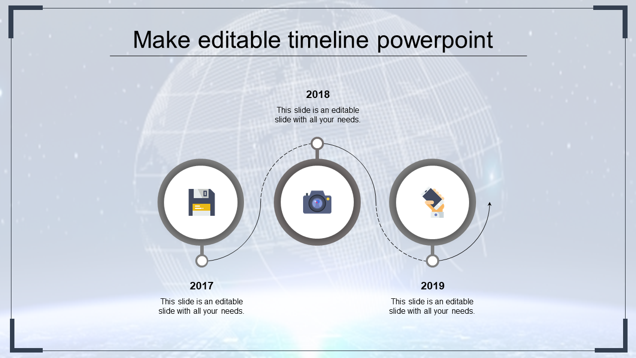 Blue timeline infographic with three circular nodes for 2017, 2018, and 2019 connected by curved dashed lines.