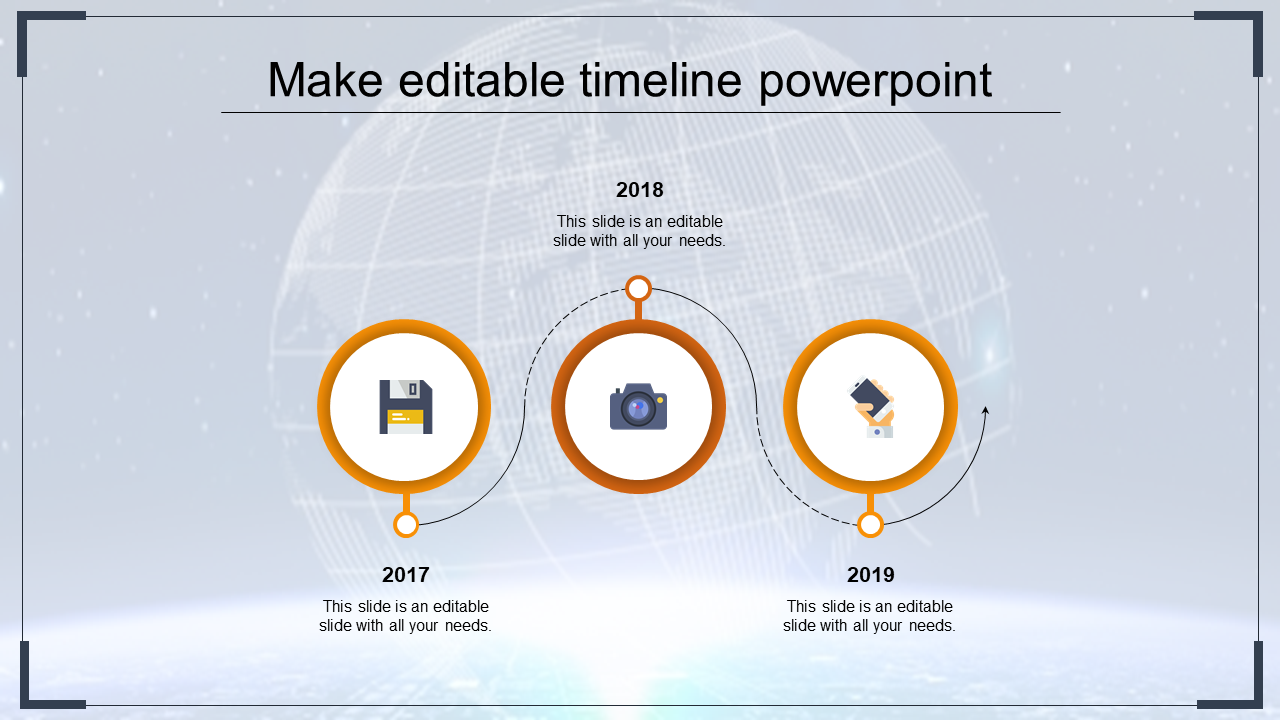 Timeline featuring three orange circles with icons representing technology milestones in 2017, 2018, and 2019.