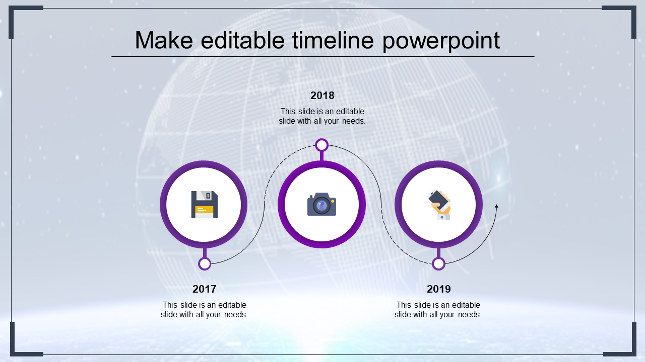 A PowerPoint timeline design slide with purple circular markers for 2017, 2018, and 2019, featuring icons for each year.