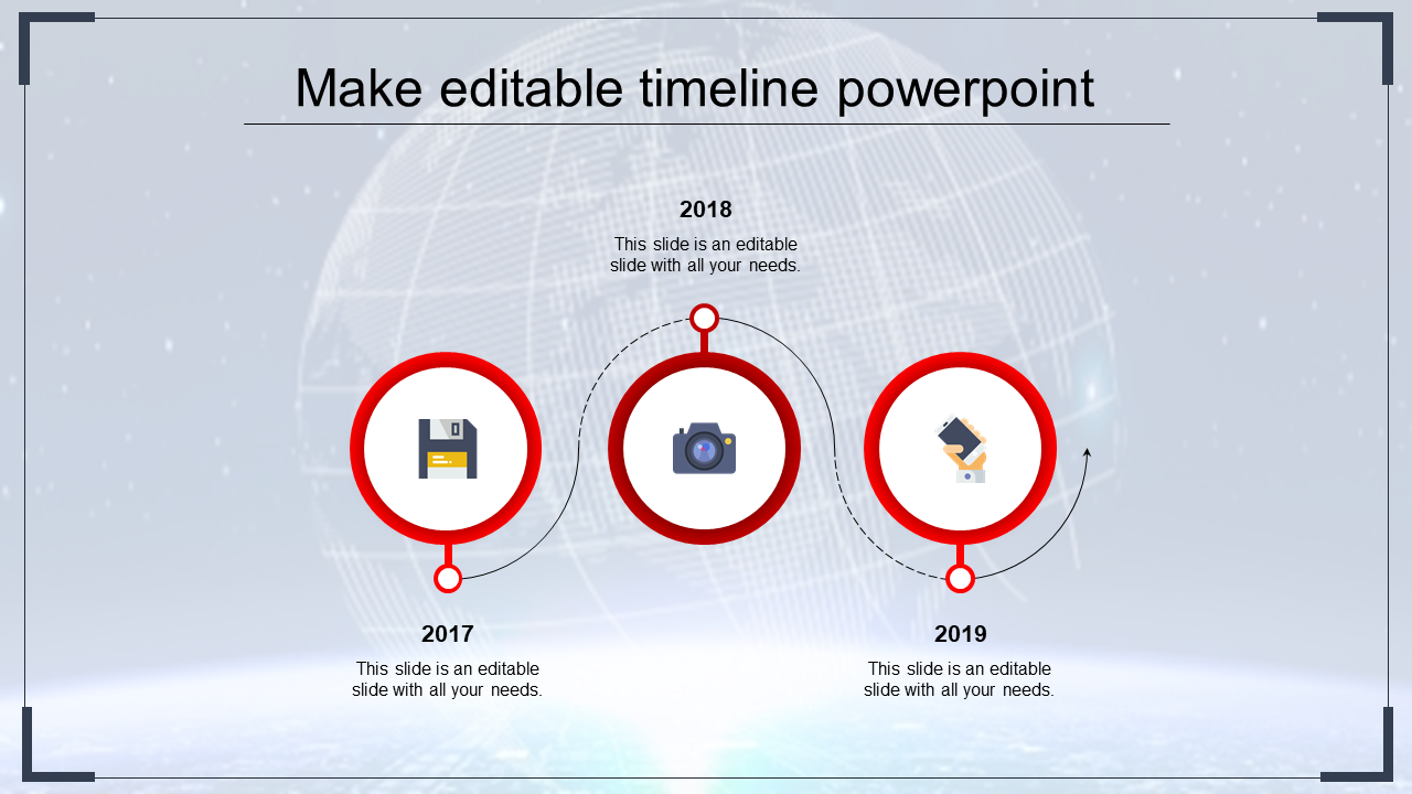 Horizontal layout with red circles, each with an icon, representing tech milestones for three years.