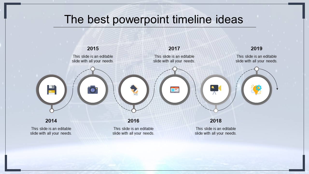 PowerPoint timeline design with grey circular markers for the years 2014 to 2019, featuring icons for each milestone.