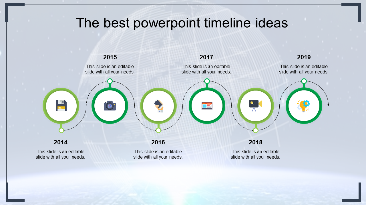 Timeline with six green arrows and icons for years 2014 to 2019, featuring technology related symbols.