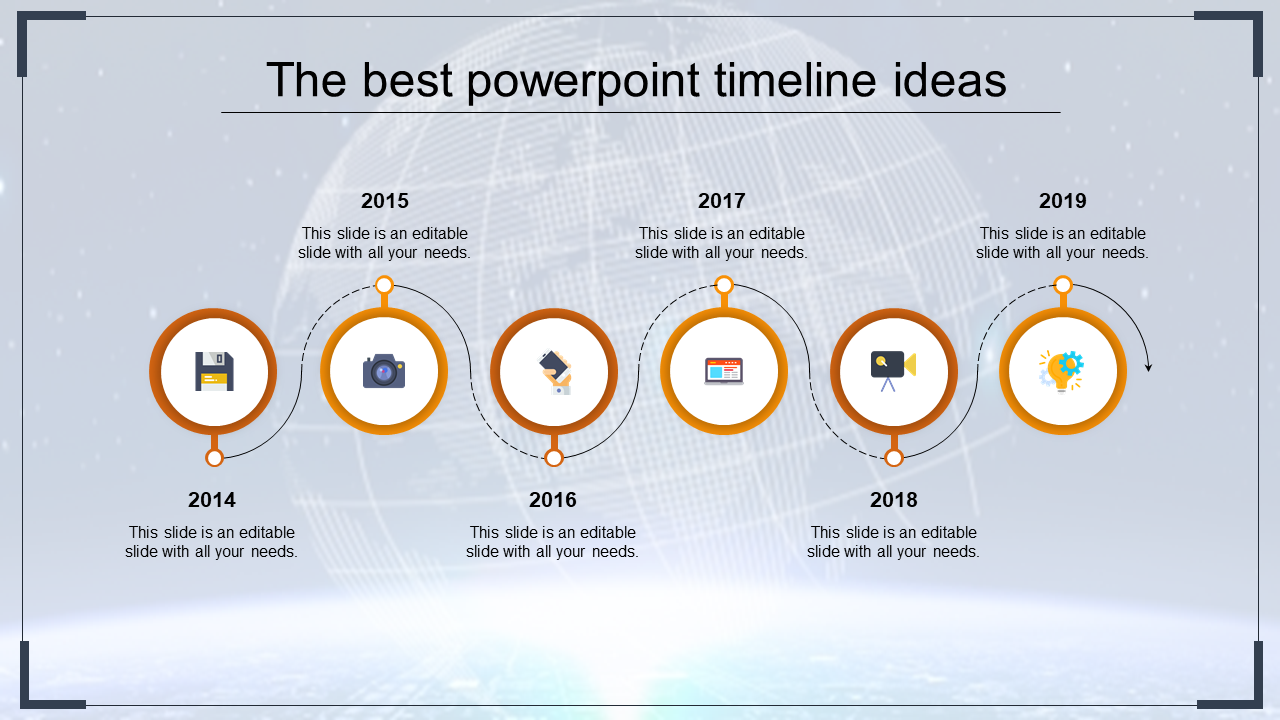 Yellow framed timeline icons arranged horizontally, illustrating five milestones against a global backdrop.