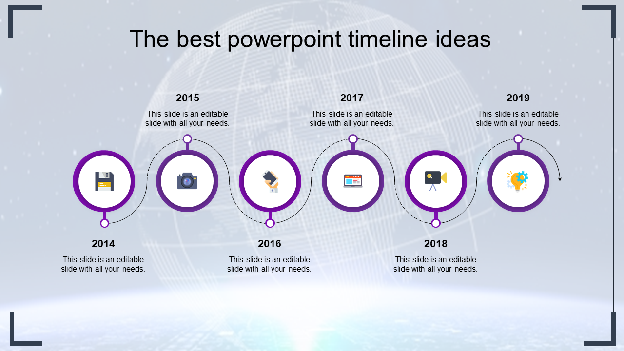 Timeline with six circular icons in purple, each year from 2014 to 2019 marked by a different symbol and year.