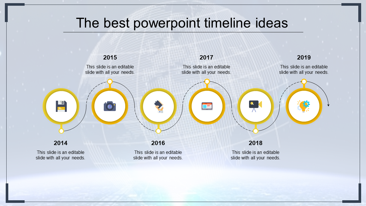 Modern  timeline template featuring five milestone icons, each circled in red colour over a globe graphic.