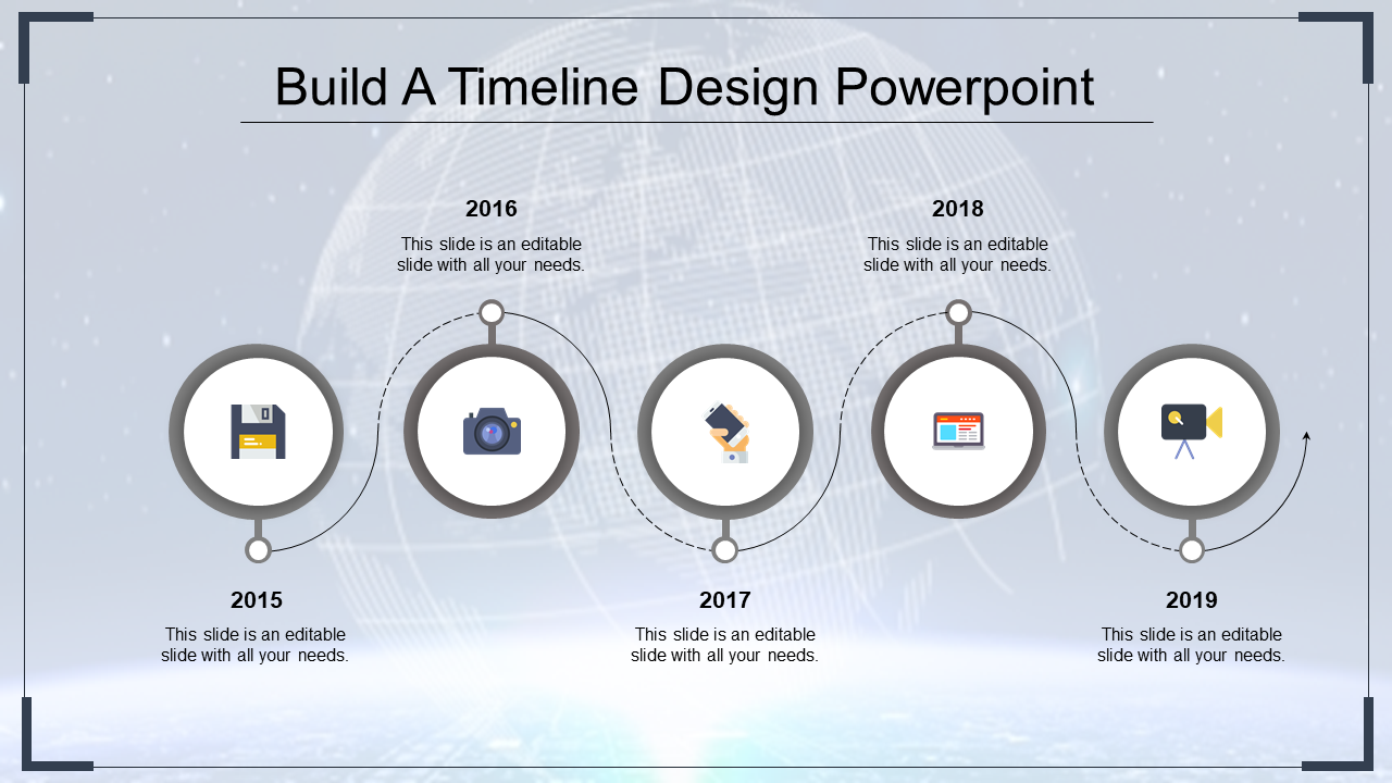 Visually appealing timeline with gray circles and icons showing technological progress over the years 2015 to 2019.