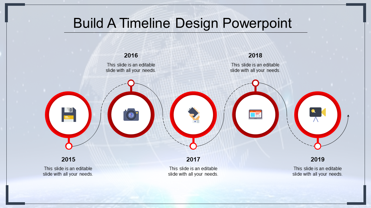 A professional timeline slide design displaying key events from 2015 to 2019 with red circular icons with placeholder text.