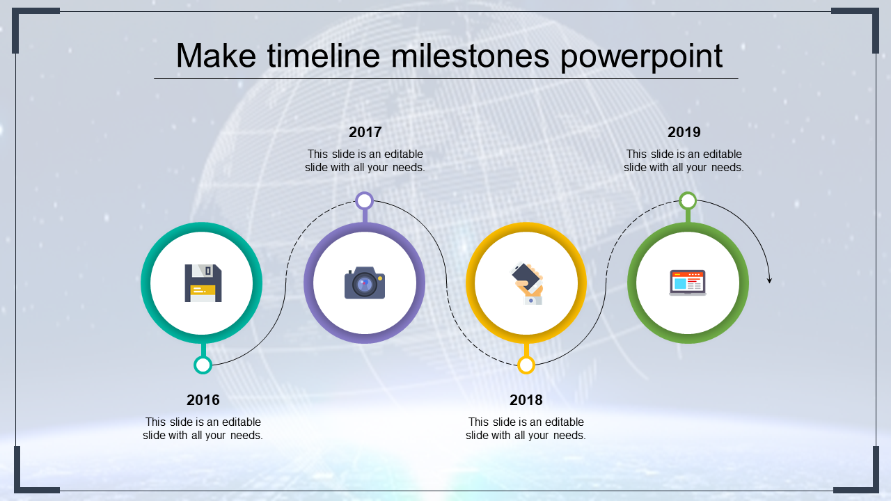 Minimalist timeline showing technology icons for floppy disk, camera, and smartphone in green, purple, and yellow circles.
