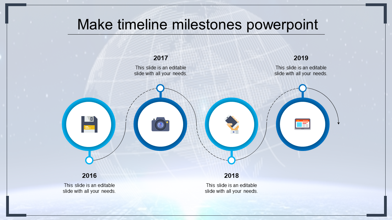 Timeline infographic showing technology icons in multi colour circles for 2016 to 2019 on a digital globe background.