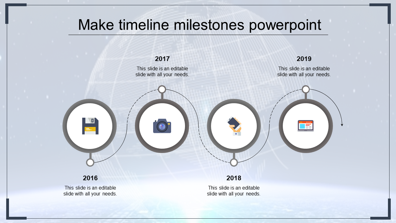 Horizontal timeline featuring blue circular icons for technology milestones from 2016 to 2019 with digital graphics.