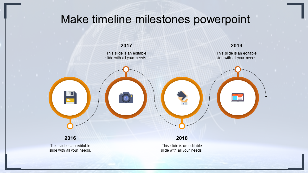 Timeline with orange circular icons, each representing different years from 2016 to 2019 with tech related symbols.