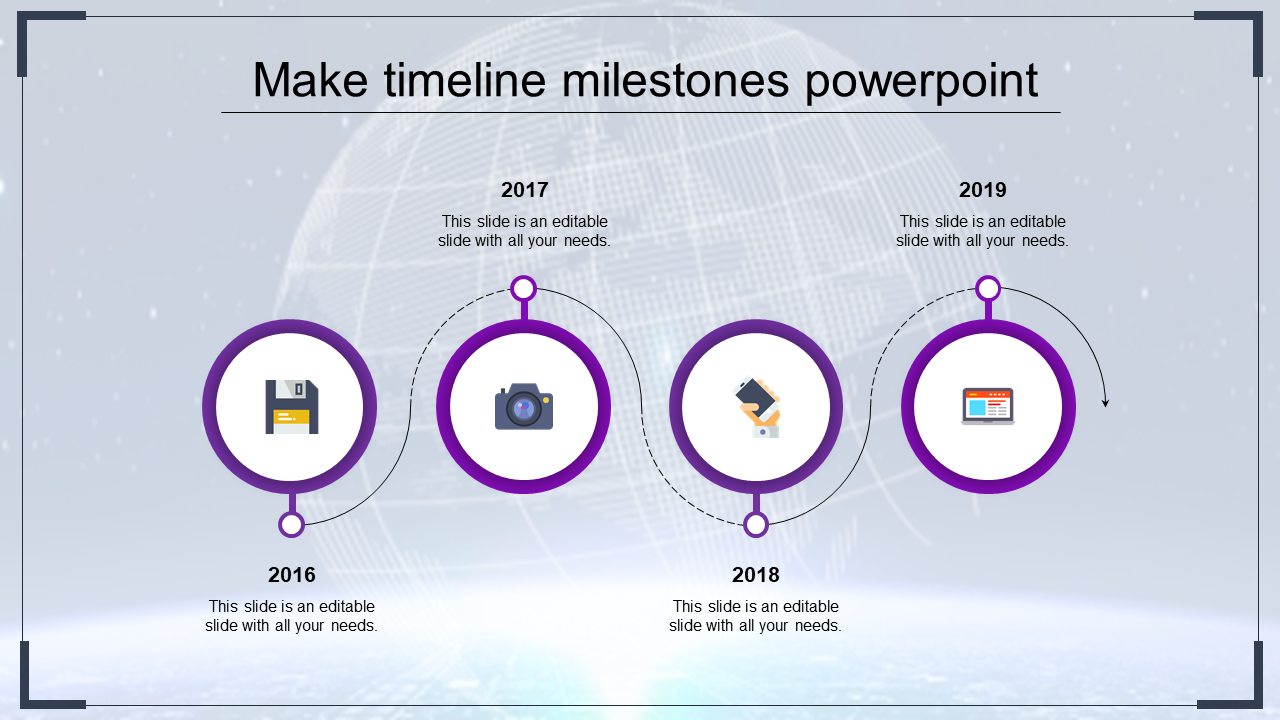 A timeline PowerPoint slide design with purple circles for the years from 2016 to 2019, including icons with placeholder text.