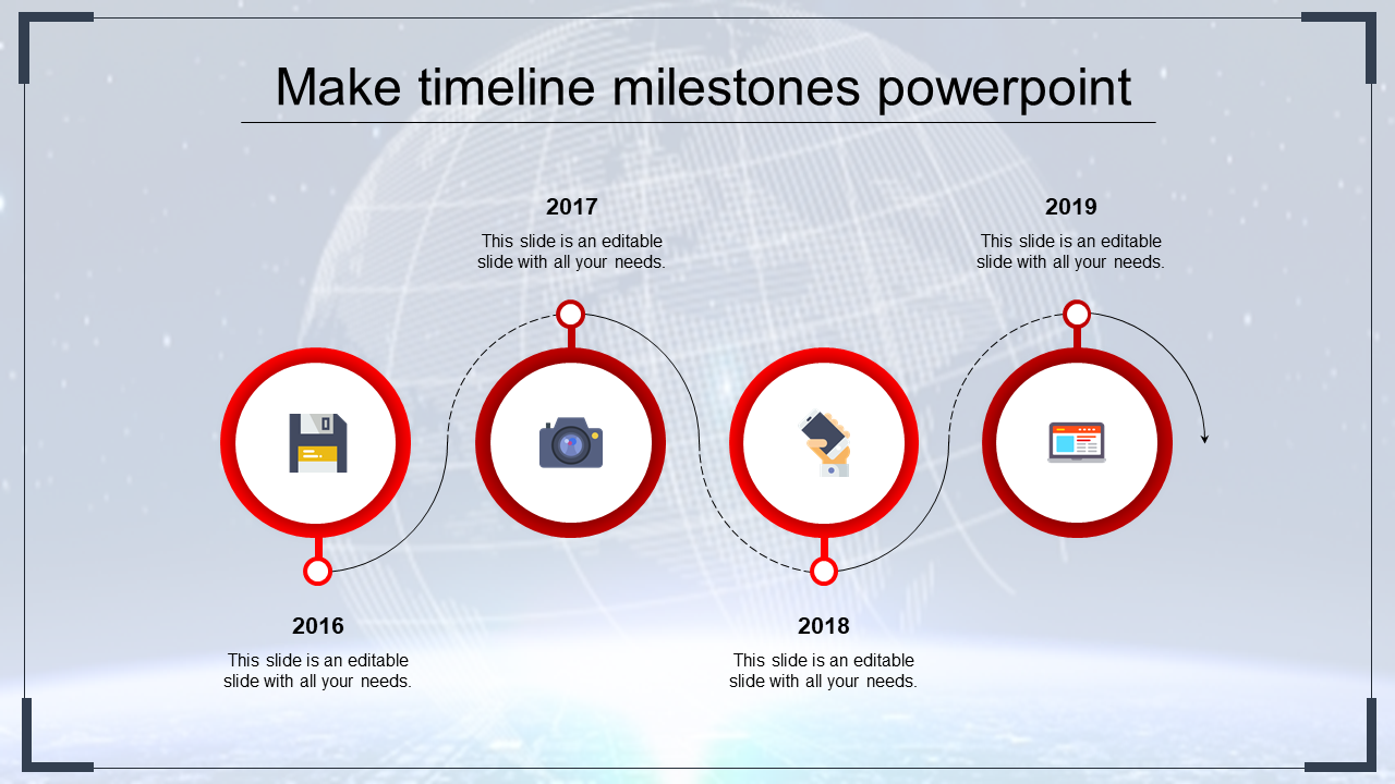 Infographic with four red circular icons representing years 2016 to 2019 and corresponding milestone icons.