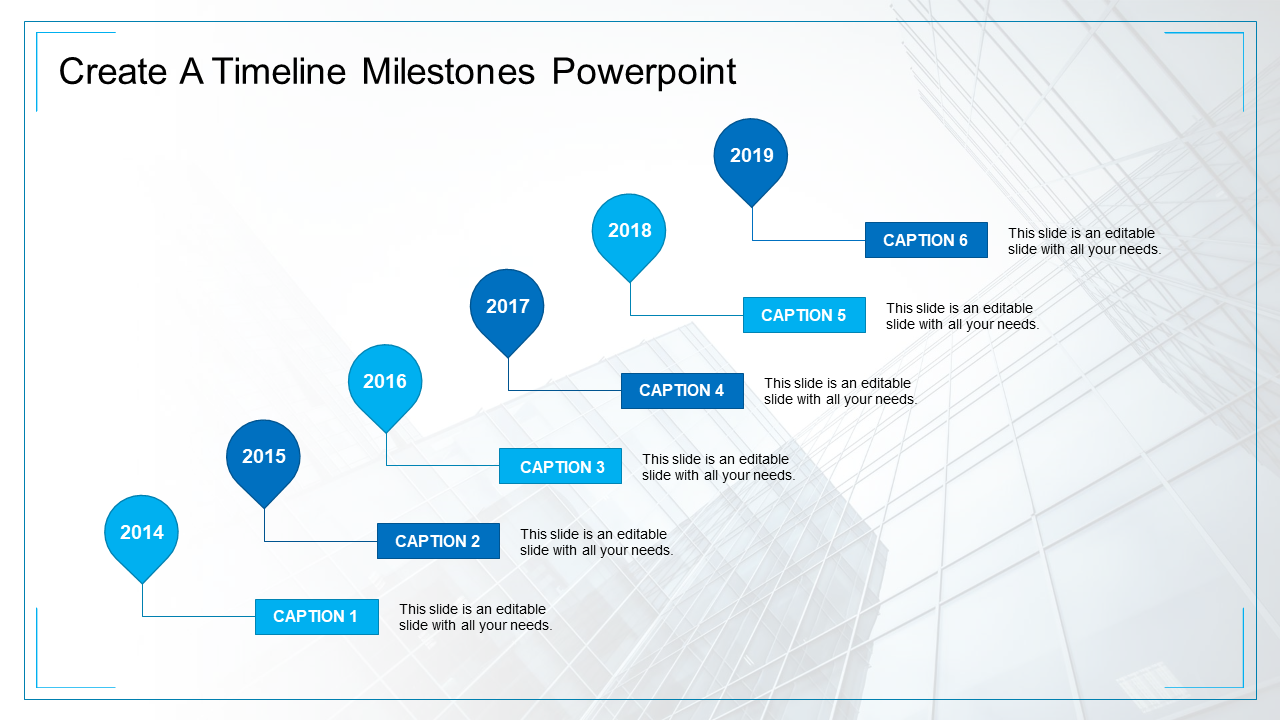 Timeline with six blue year markers, each inside circles, connected by lines, with caption boxes below.