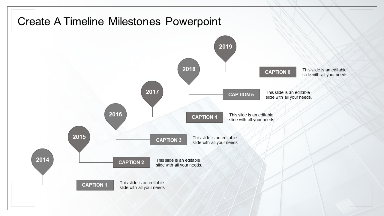 Gray timeline with six circles for years from 2014 to 2019, connected by lines with caption boxes beneath.