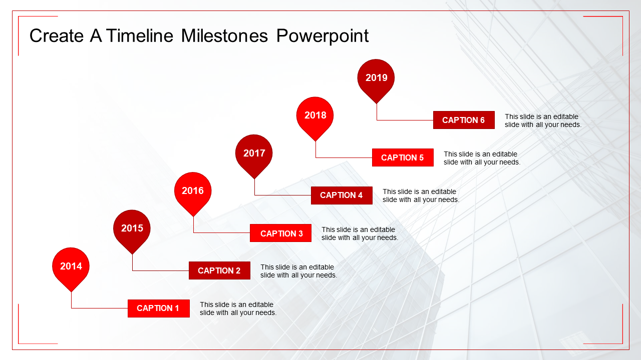 Red themed timeline PPT slide with circular markers for the years 2014 to 2019 and corresponding caption placeholders.