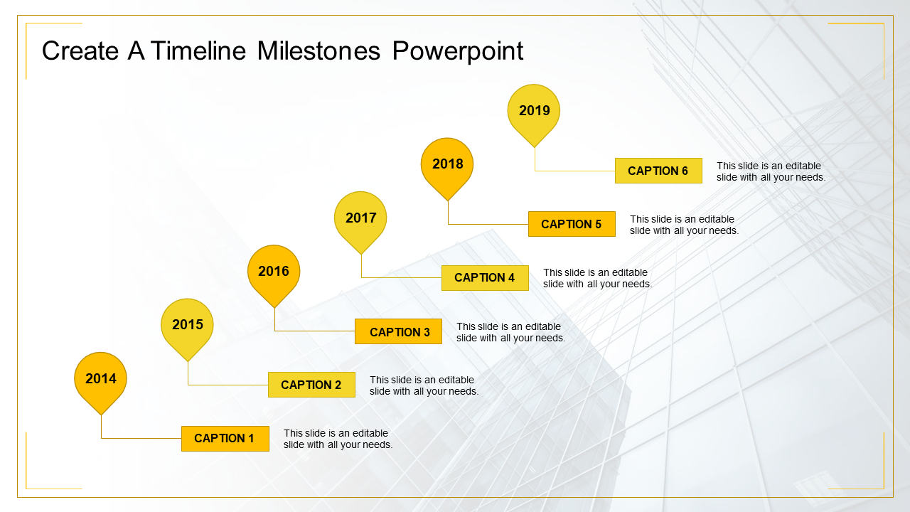 Yellow themed timeline PPT slide with circular markers for the years 2014 to 2019 and corresponding caption placeholders.