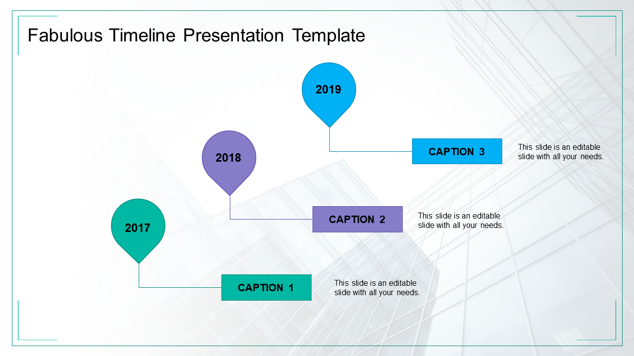 Colorful timeline slide with teal, purple, and blue pin markers for years 2017 to 2019, connected to matching caption boxes.