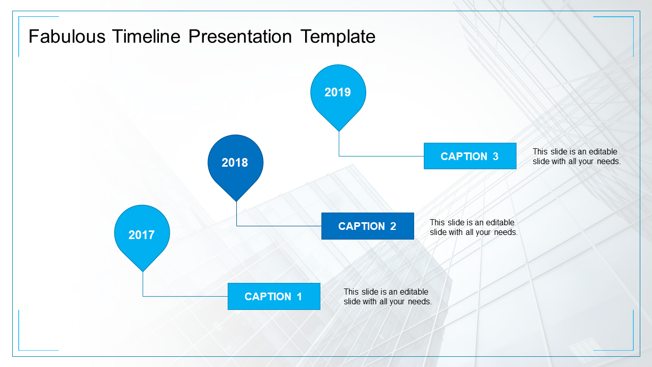Timeline with three blue markers for years 2017 to 2019, and captions in rectangular boxes, on a modern background.