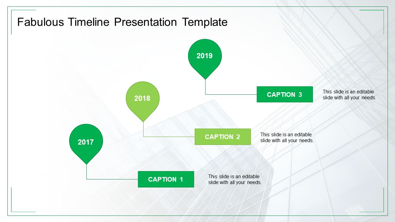 Modern timeline infographic displaying three green pin markers for years 2017-2019, connected to rectangular captions.