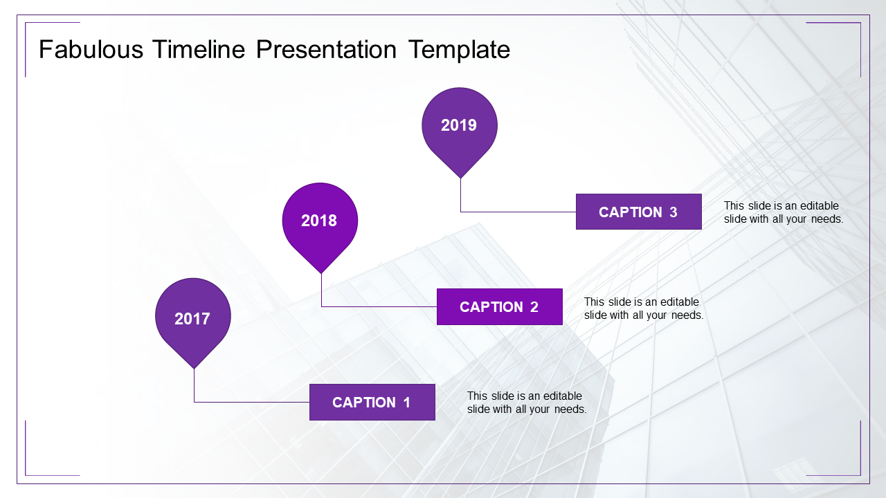 Minimalist timeline with purple location pin markers labeled 2017-2019, each linked by lines to purple caption boxes.