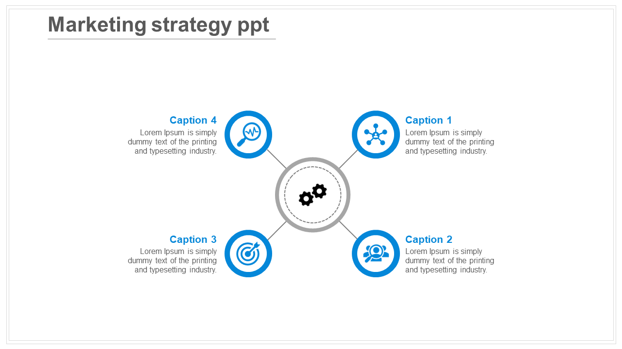 Circular layout with four colored icons linked to a central grey gear symbol representing marketing elements.