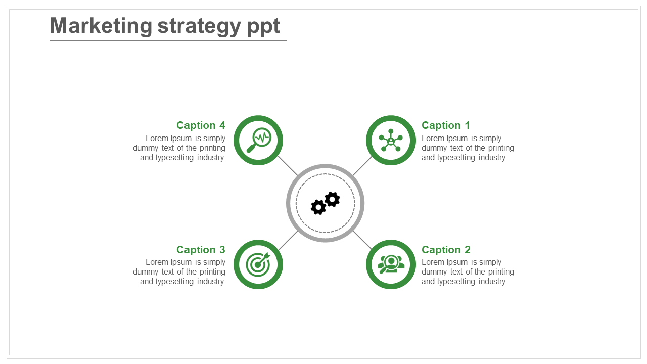 Marketing strategy PowerPoint slide with four green icons around a central gear icon, each with captions.