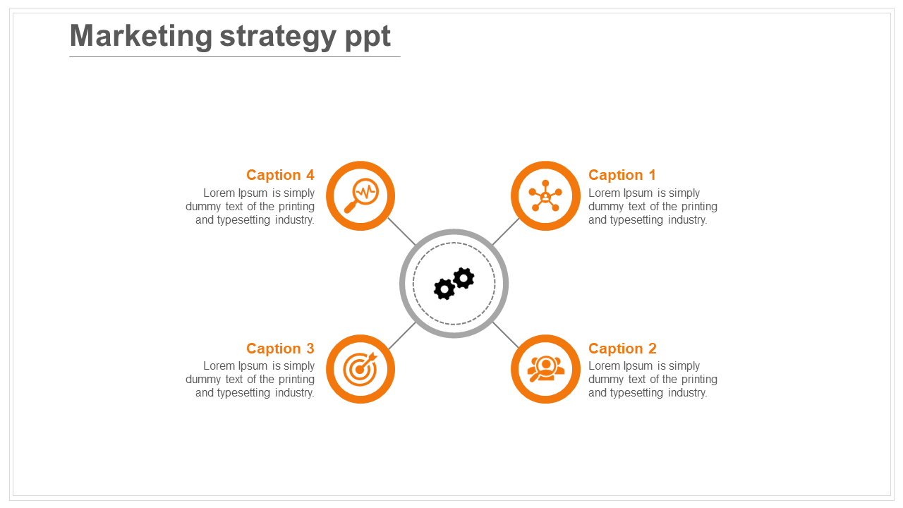 Circular layout with four blue icons linked to a central grey gear symbol representing marketing elements.