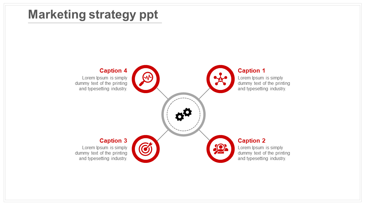Slide with four sections marked by red icons, each with captions, surrounding a central gear symbol.