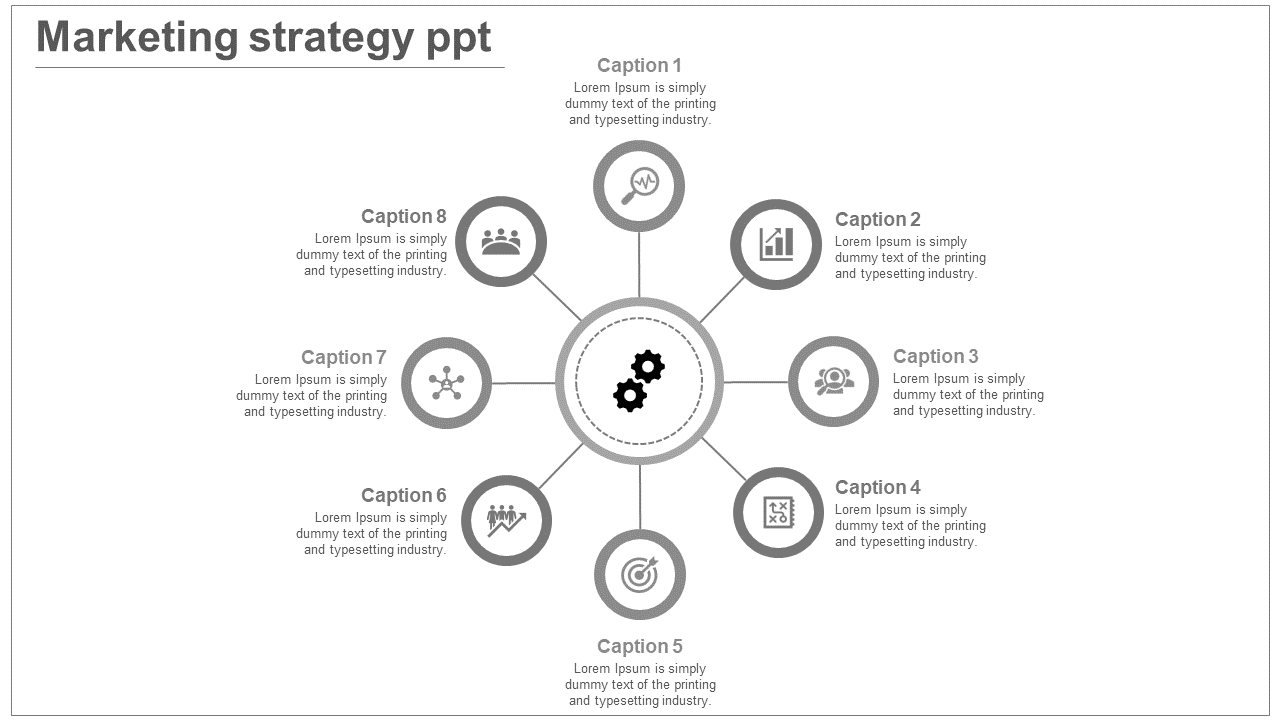 Marketing strategy diagram with eight green circular nodes and caption areas connected to a central grey gear icon.