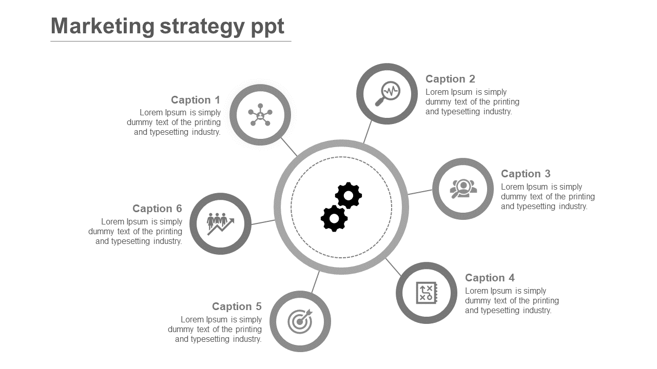 Circular layout with six red icons linked to a central grey gear symbol representing marketing elements.