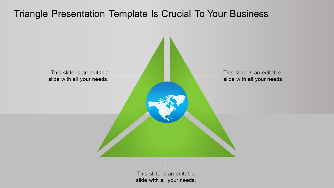 Business triangle template with green triangles and a globe symbol in the center with placeholder text.