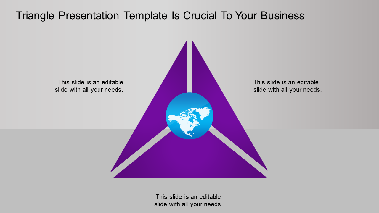 Business triangle template with purple triangles and a globe symbol in the center with placeholder text.