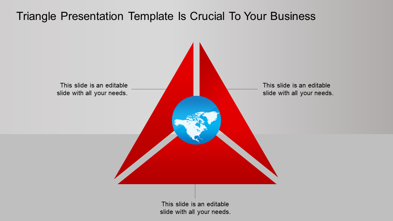 Red triangle with globe at the center, featuring three areas for text input in a business presentation layout.