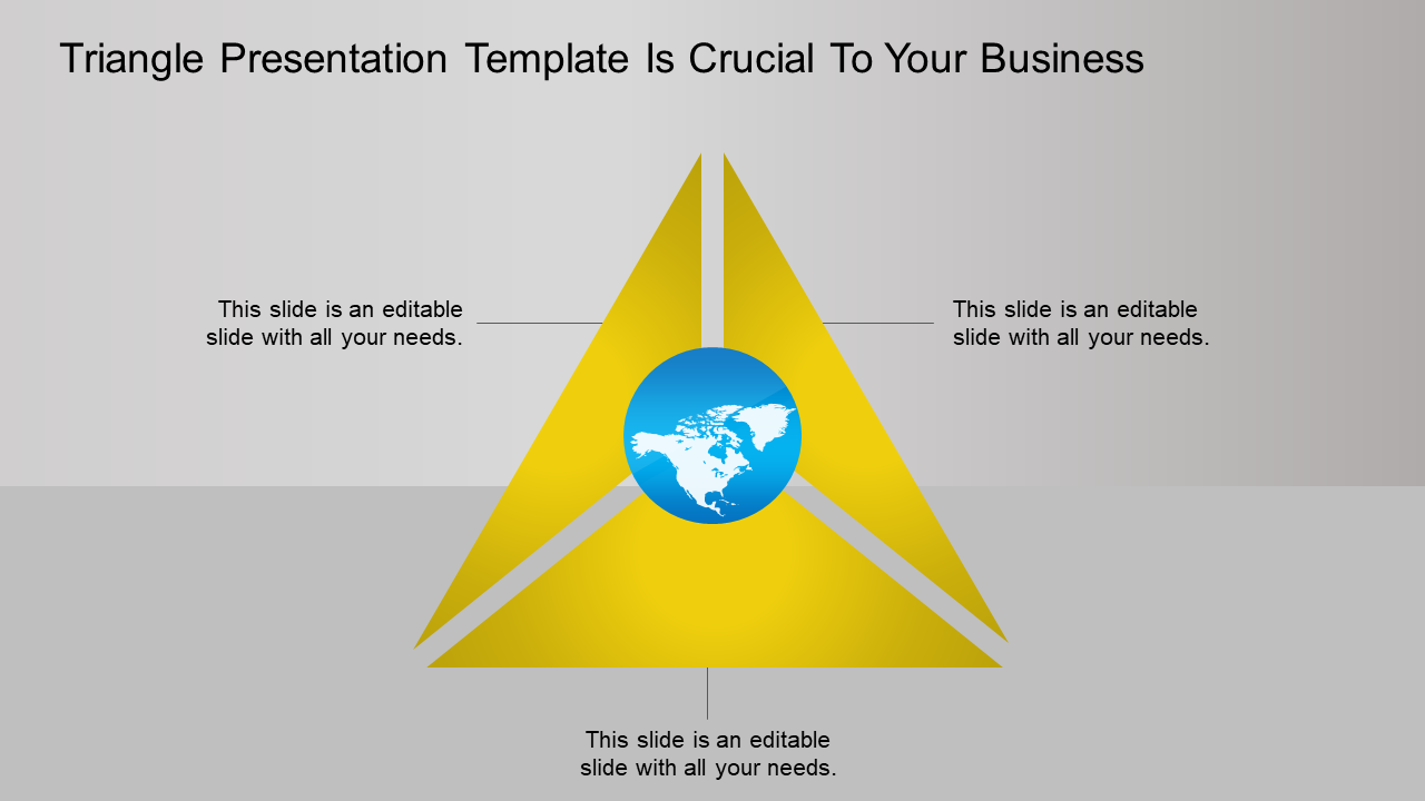 Yellow triangle with a globe in the center, divided into three sections for text around it on a gray background.